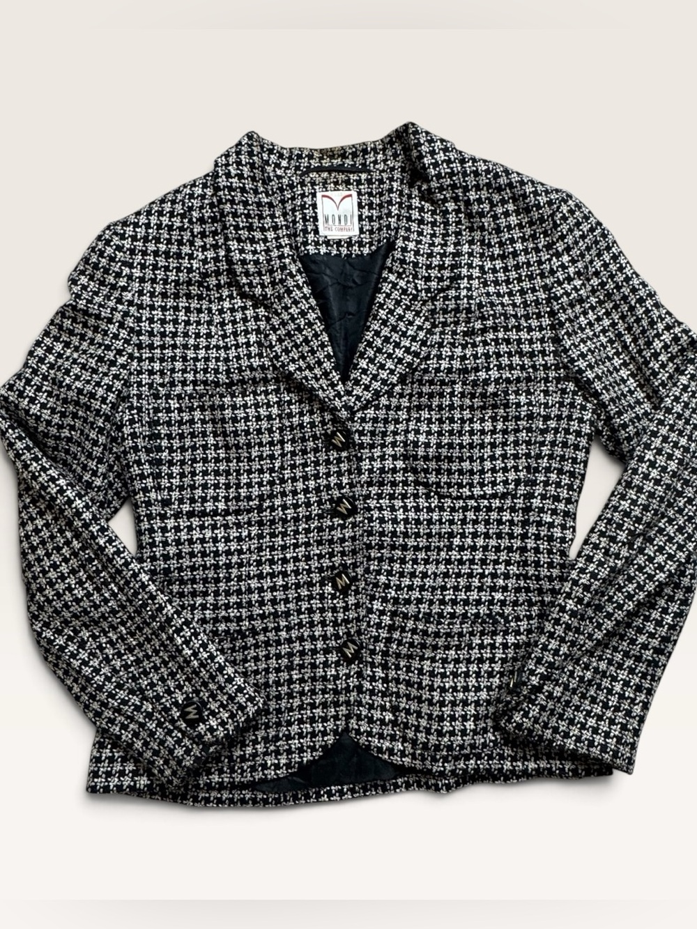 Vintage MONDI Black White Tweed Blazer Gold Logo Buttons XS S 90s
